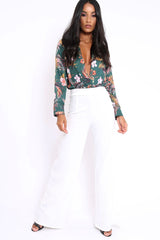 Green Floral Plunge Satin Bodysuit - Rebeka-Bodysuits