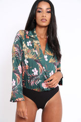 Green Floral Plunge Satin Bodysuit - Rebeka-Bodysuits
