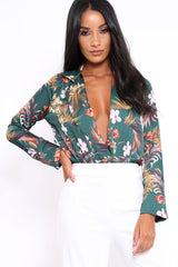 Green Floral Plunge Satin Bodysuit - Rebeka-Bodysuits