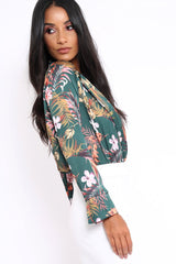 Green Floral Plunge Satin Bodysuit - Rebeka-Bodysuits