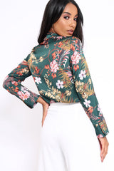 Green Floral Plunge Satin Bodysuit - Rebeka-Bodysuits