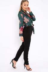Green Floral Plunge Satin Wrap Front Jumpsuit - Talulah-Jumpsuits
