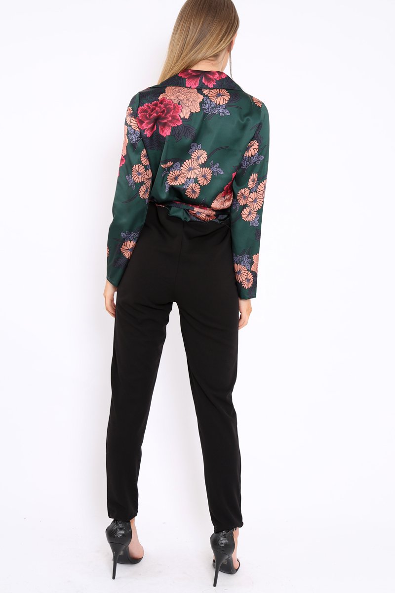 Green Floral Plunge Satin Wrap Front Jumpsuit - Talulah-Jumpsuits