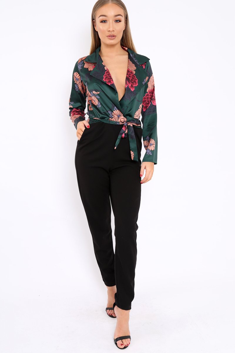 Green Floral Plunge Satin Wrap Front Jumpsuit - Talulah-Jumpsuits