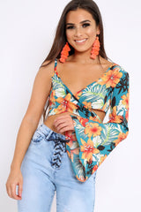 Green Floral Print Asymmetrical Sleeve Crop Top - Clarinda-Crop Tops