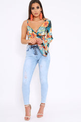 Green Floral Print Asymmetrical Sleeve Crop Top - Clarinda-Crop Tops