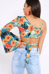 Green Floral Print Asymmetrical Sleeve Crop Top - Clarinda-Crop Tops