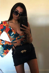 Green Floral Print Asymmetrical Sleeve Crop Top - Clarinda-Crop Tops