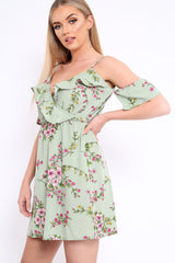 Green Floral Print Cold Shoulder Dress - Olyvia-Dresses