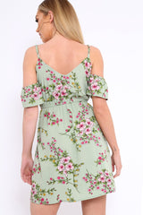 Green Floral Print Cold Shoulder Dress - Olyvia-Dresses