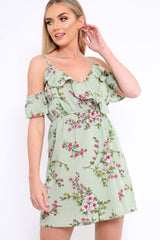 Green Floral Print Cold Shoulder Dress - Olyvia-Dresses