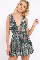 Green Floral Print Plunge Tie Back Pleated Playsuit - Remy-Playsuits