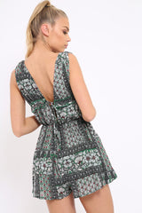 Green Floral Print Plunge Tie Back Pleated Playsuit - Remy-Playsuits