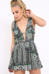 Green Floral Print Plunge Tie Back Pleated Playsuit - Remy-Playsuits