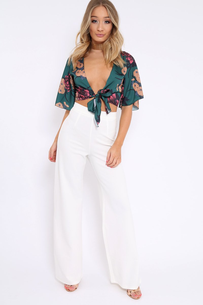 Green Floral Print Satin Tie Crop Top - Kynslee-Crop Tops