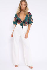 Green Floral Print Satin Tie Crop Top - Kynslee-Crop Tops