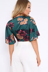 Green Floral Print Satin Tie Crop Top - Kynslee-Crop Tops