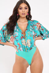 Green Floral Satin Plunge Bodysuit - Feona-Bodysuits