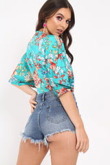 Green Floral Satin Plunge Bodysuit - Feona-Bodysuits