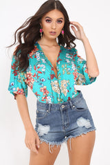 Green Floral Satin Plunge Bodysuit - Feona-Bodysuits