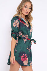 Green Floral Satin Shirt Tie Dress - Sophina-Dresses