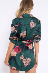 Green Floral Satin Shirt Tie Dress - Sophina-Dresses