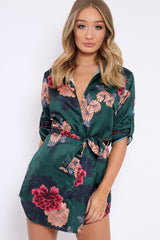 Green Floral Satin Shirt Tie Dress - Sophina-Dresses