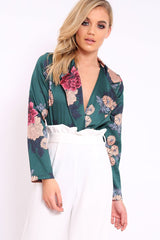 Green Flower Print Plunge Satin Bodysuit - Madelynn-Bodysuits