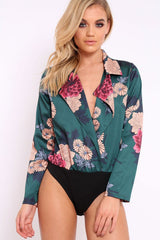 Green Flower Print Plunge Satin Bodysuit - Madelynn-Bodysuits