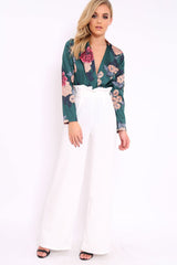 Green Flower Print Plunge Satin Bodysuit - Madelynn-Bodysuits