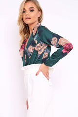 Green Flower Print Plunge Satin Bodysuit - Madelynn-Bodysuits