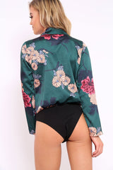 Green Flower Print Plunge Satin Bodysuit - Madelynn-Bodysuits