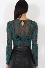 Green Folk Print Sheer Bodysuit - Frances-Bodysuits