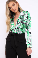 Green Geometric Print Plunge Satin Bodysuit - Hetty-Bodysuits