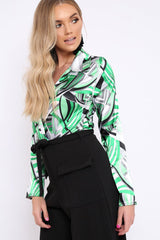 Green Geometric Print Plunge Satin Bodysuit - Hetty-Bodysuits