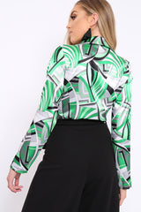Green Geometric Print Plunge Satin Bodysuit - Hetty-Bodysuits