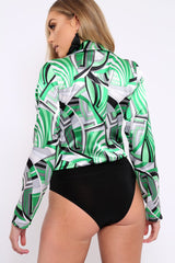 Green Geometric Print Plunge Satin Bodysuit - Hetty-Bodysuits
