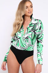 Green Geometric Print Plunge Satin Bodysuit - Hetty-Bodysuits