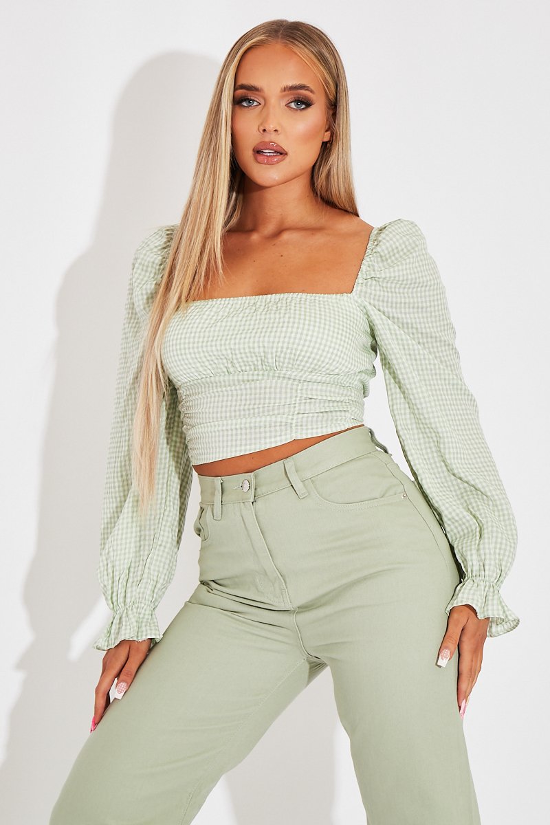 Green Gingham Square Neckline Crop Top - Amora-Crop Tops