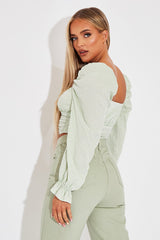 Green Gingham Square Neckline Crop Top - Amora-Crop Tops