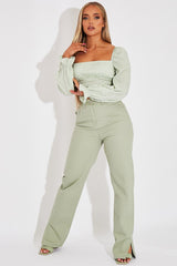 Green Gingham Square Neckline Crop Top - Amora-Crop Tops