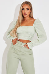 Green Gingham Square Neckline Crop Top - Amora-Crop Tops
