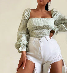 Green Gingham Square Neckline Crop Top - Amora-Crop Tops