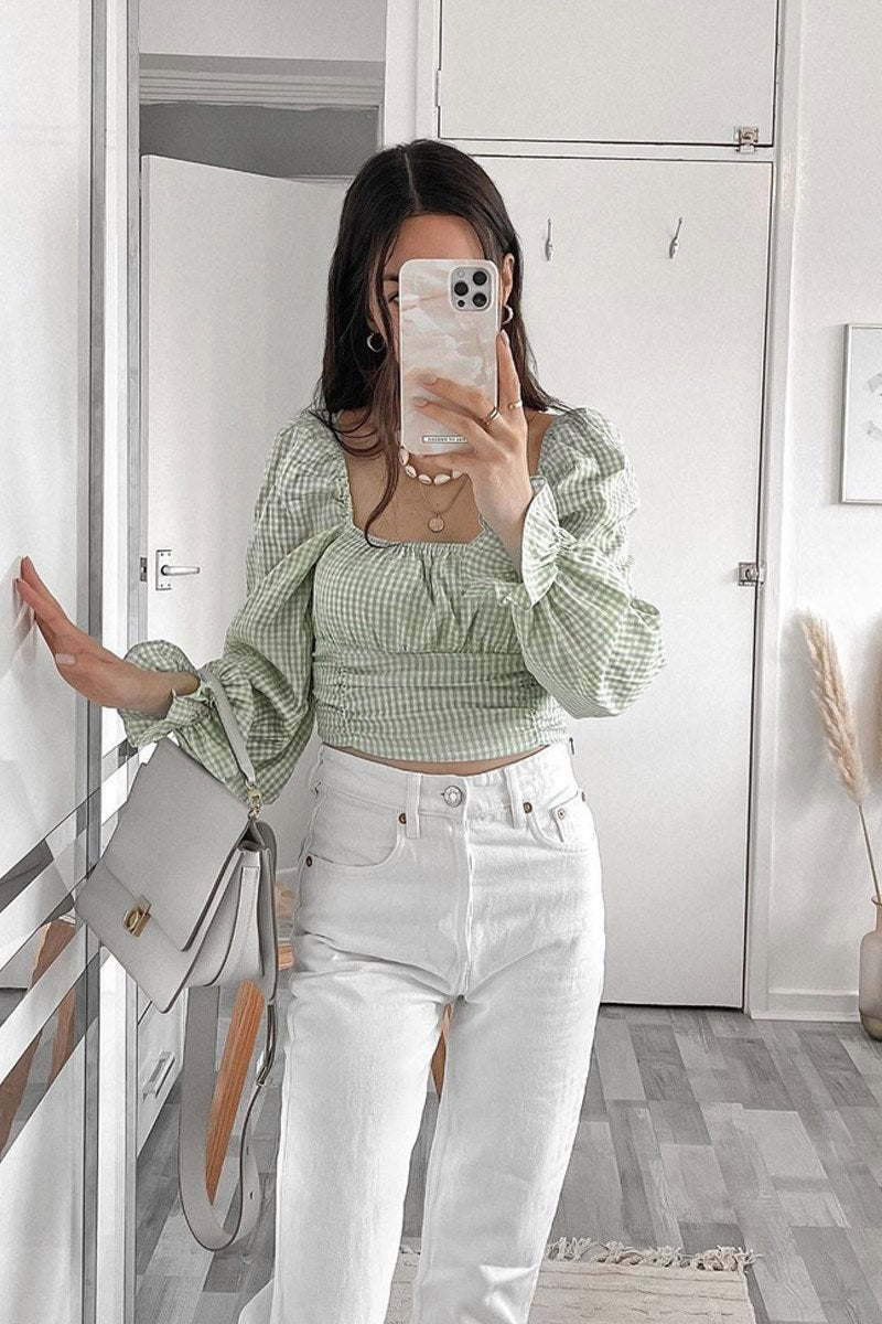 Green Gingham Square Neckline Crop Top - Amora-Crop Tops