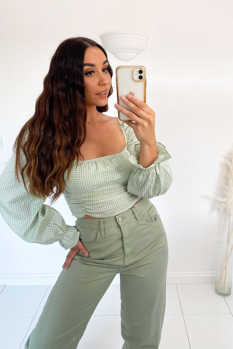 Green Gingham Square Neckline Crop Top - Amora-Crop Tops