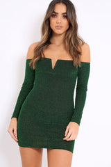 Green Glitter Bardot Bodycon Dress - Everly-Dresses