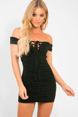Green Glitter Ruched Slinky Lace Up Dress - Rosina-Dresses