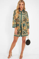 Green Gold Chain Print Belted Shirt Dress - Estie-Dresses