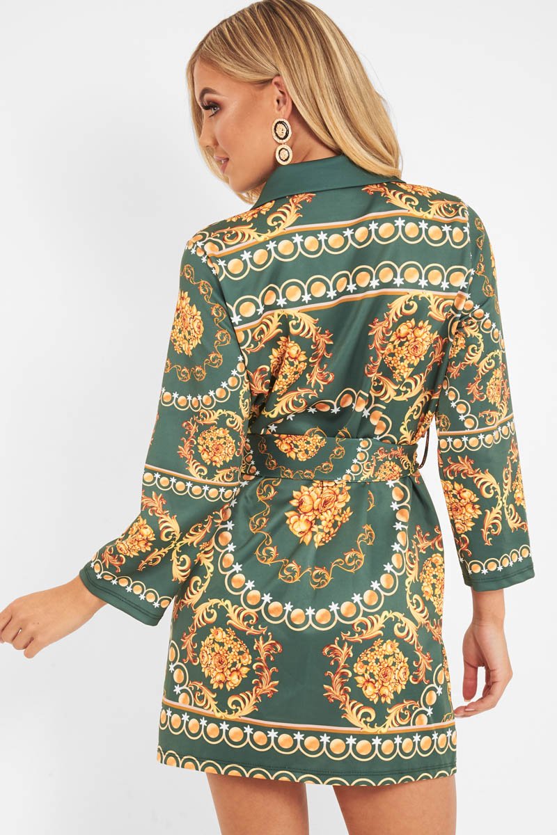 Green Gold Chain Print Belted Shirt Dress - Estie Rebellious Fashion Green Gold Chain Print Belted Shirt Dress - Estie Rebellious Fashion