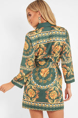 Green Gold Chain Print Belted Shirt Dress - Estie-Dresses